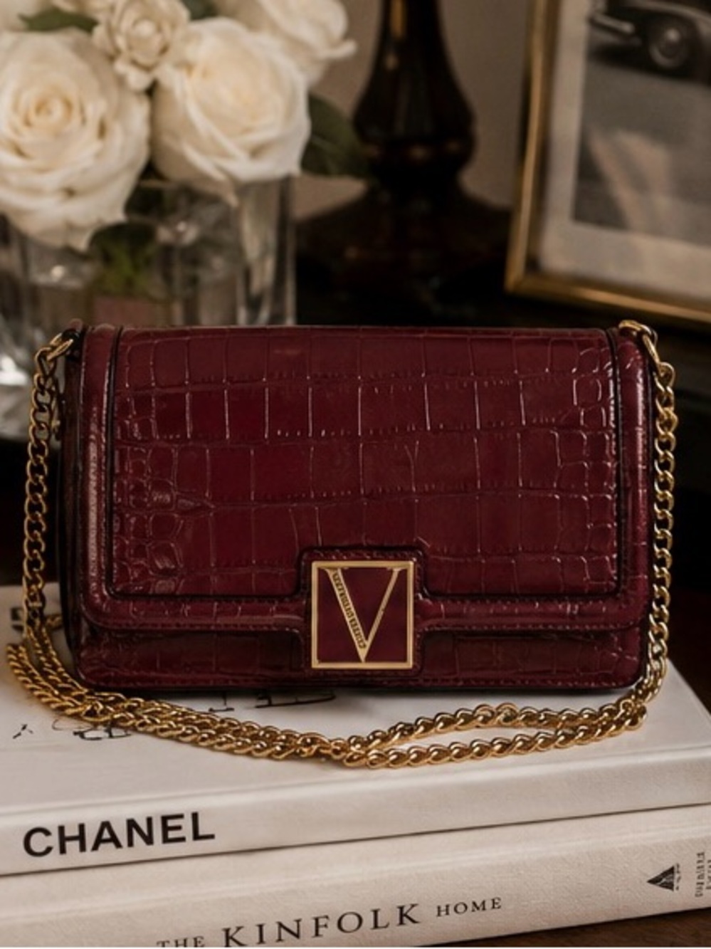 Victoria’s Secret Victoria Burgundy Croc Embossed Gold Chain Bag Purse - Picture 15 of 16